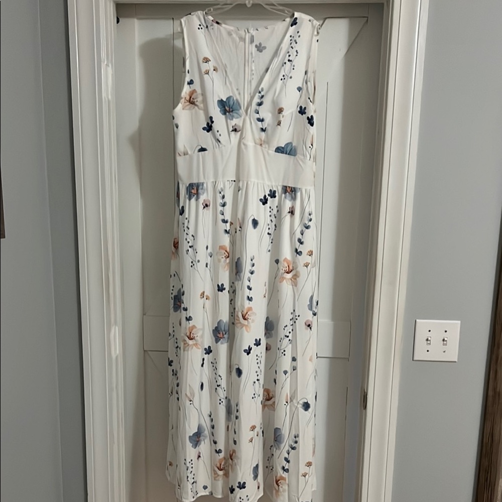 Floral Sleeveless Maxi Dress - White with Blue and Peach Accents